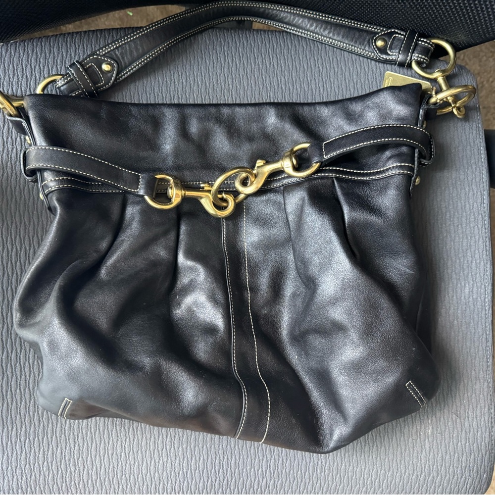Coach Black Leather Pleated Hobo Bag